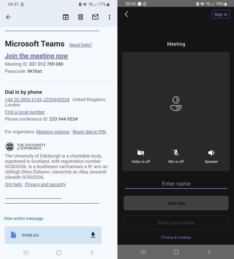 Screenshot of joining instructions for Microsoft Teams. On the left hand side, there is a screenshot of the joining link in an email. It shows the joining link affixed to text stating "Join the meeting now" followed by an example meeting ID and passcode. It then lists options for dialing in by phone, including the number to ring, with the phone conference ID listed afterwards. On the right side, there is a joining screen for Teams, showing options to enter name and the button to join now.